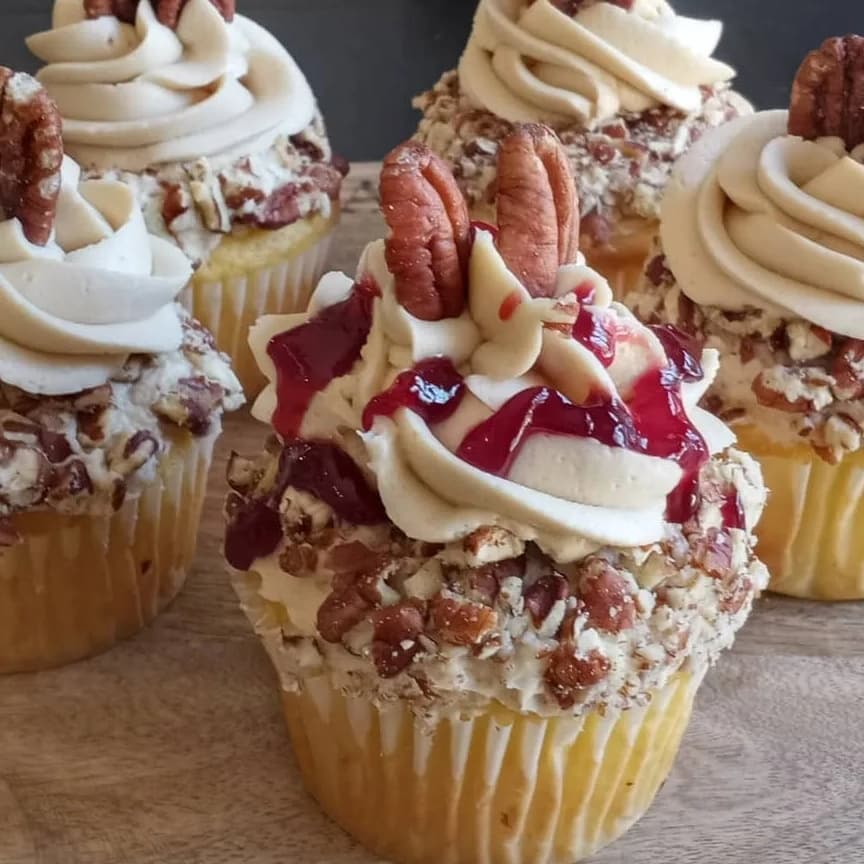 Raspberry Filled Maple Butter Pecan or Walnut Cupcake
